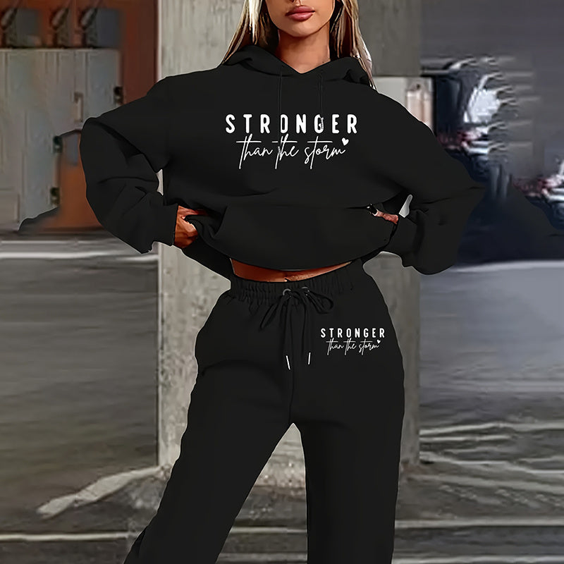 Women's Solid 2-Piece Set Letter Print Hoodie Jogger Pants Casual Tracksuit