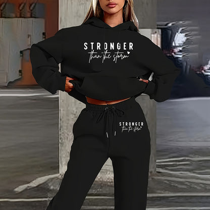 Women's Solid 2-Piece Set Letter Print Hoodie Jogger Pants Casual Tracksuit